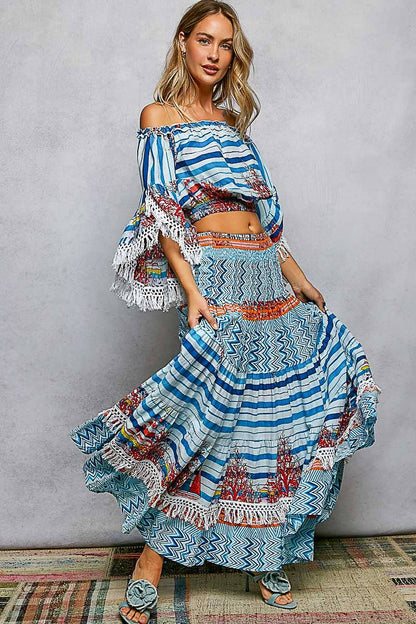 Off-Shoulder Fringe Sleeve Smocked Top and Skirt Set