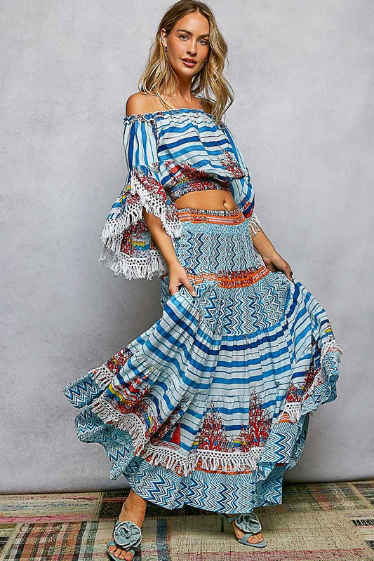 Off-Shoulder Fringe Sleeve Smocked Top and Skirt Set