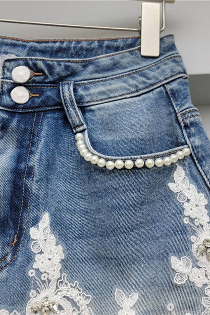 Pearl-Trim Lace Denim Shorts