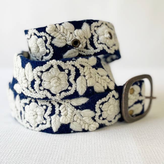 Two-Tone Embroidered Wool Belt, Blue/Cream