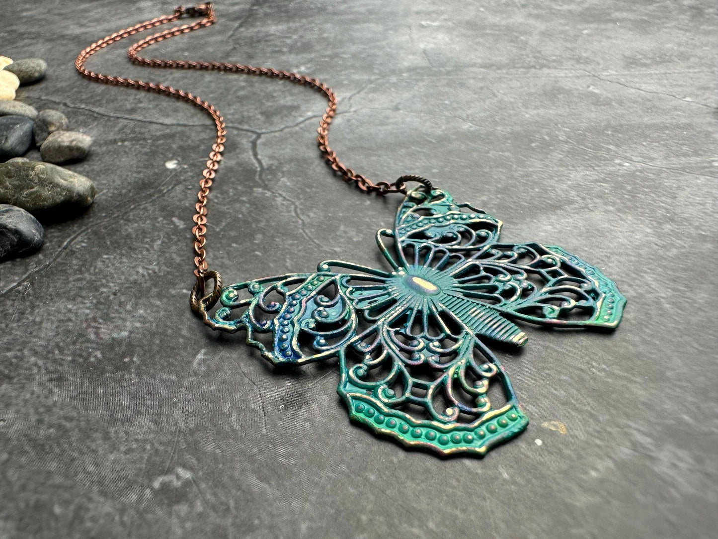Filigree Butterfly Necklace - Solid Brass with Blue Patina