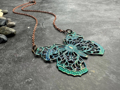 Filigree Butterfly Necklace - Solid Brass with Blue Patina