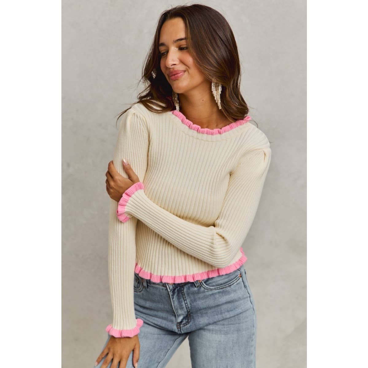 Ruffle Edge Ribbed Sweater Knit Top