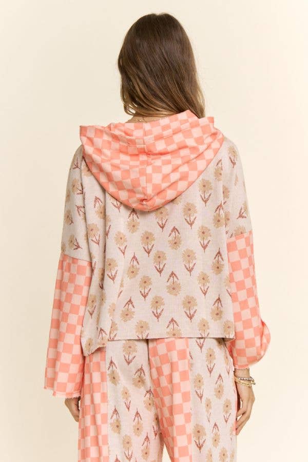 Retro Floral Checkered Patchwork Hoodie Lounge Set