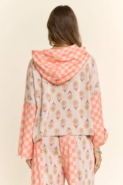 Retro Floral Checkered Patchwork Hoodie Lounge Set