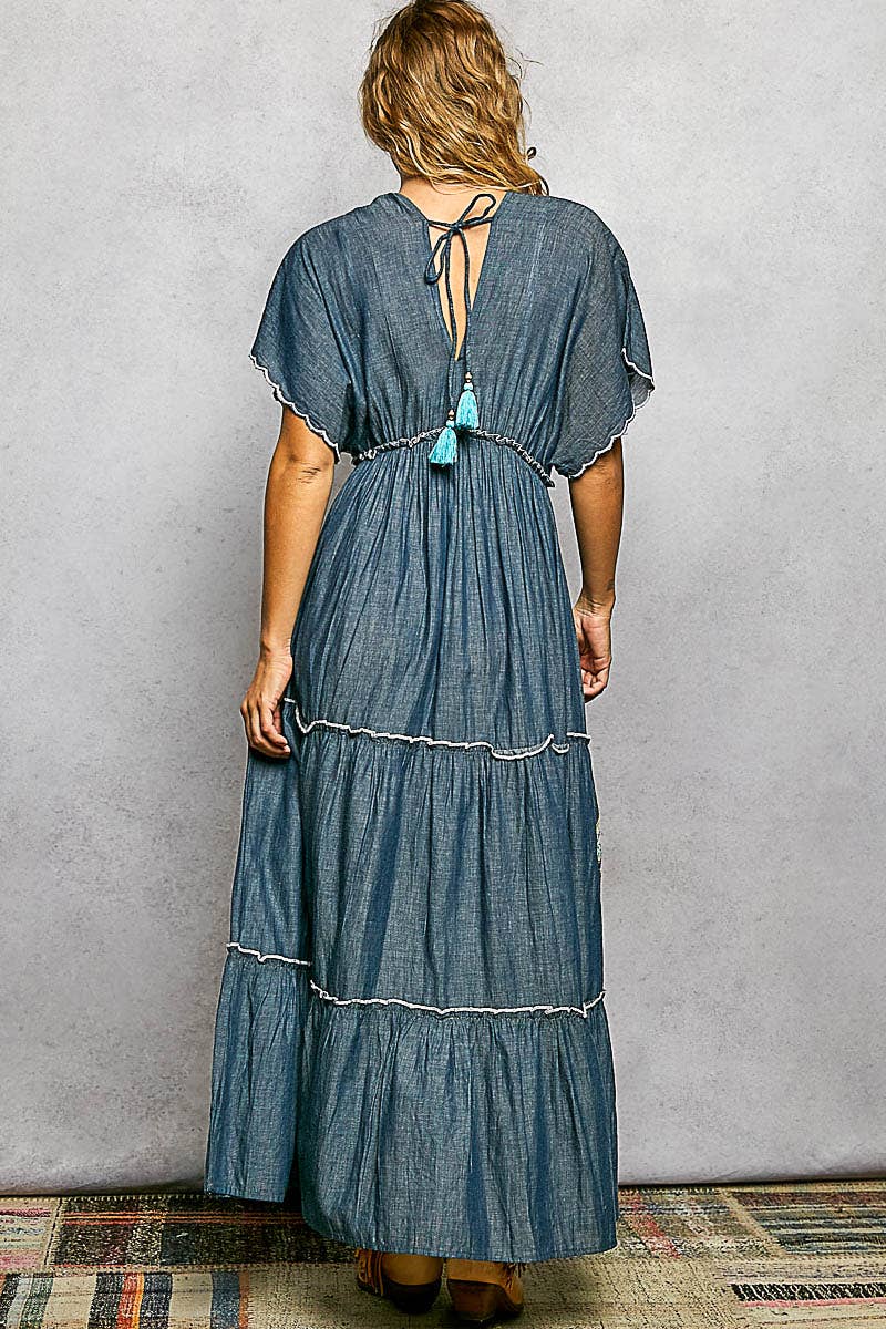 Embroidery Ruffle Cotton Denim V-Neck Long Dress