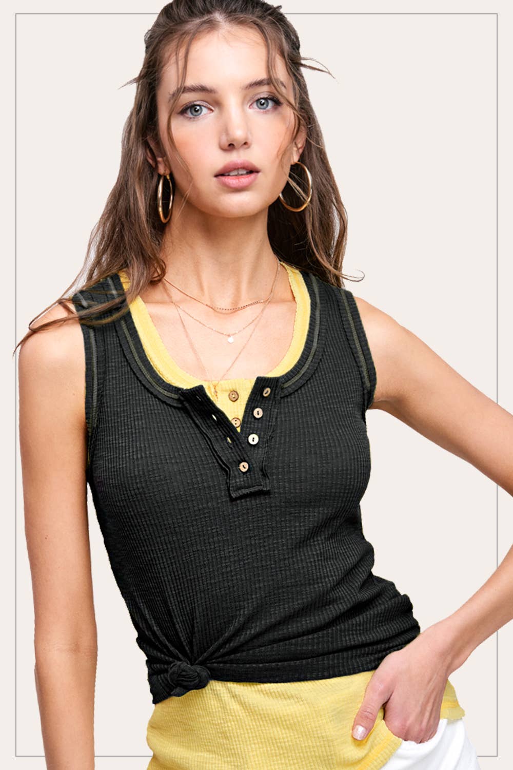 Multi-Colors Henley Tank Top