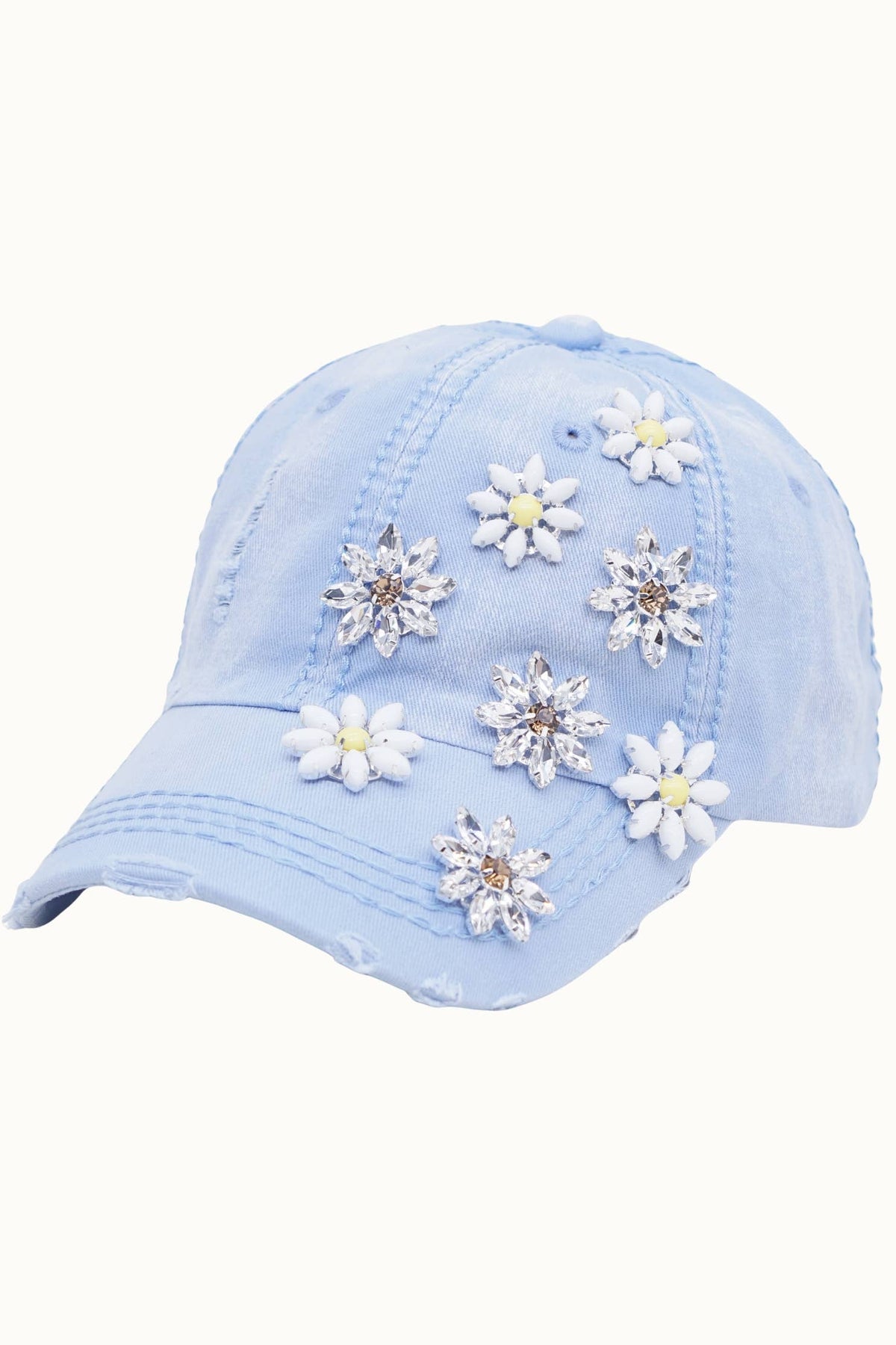 Daisy Bejeweled Bling Distressed Cap, Adjustable Multi colors available