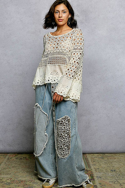 Long Sleeve Round Neck Crochet Top