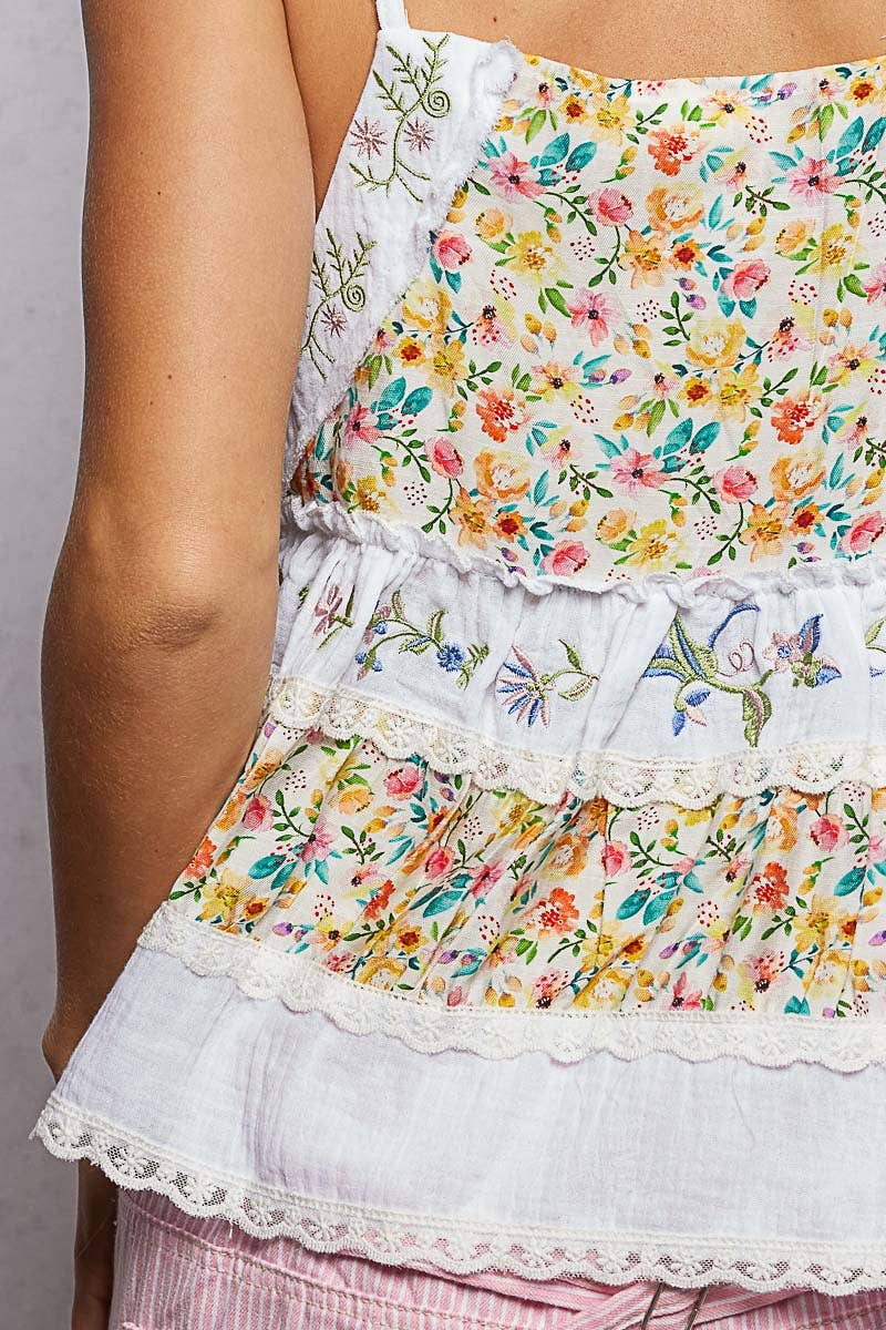 A-body Flared Fit Double Gauze Floral Embroidery Sleeveless