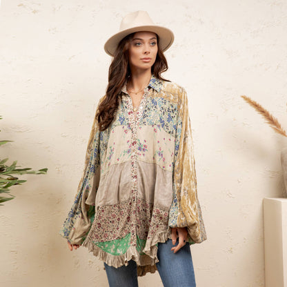 Vintage Mixed Print Patchwork Bat Sleeve Top -Ruffle Hem NEW