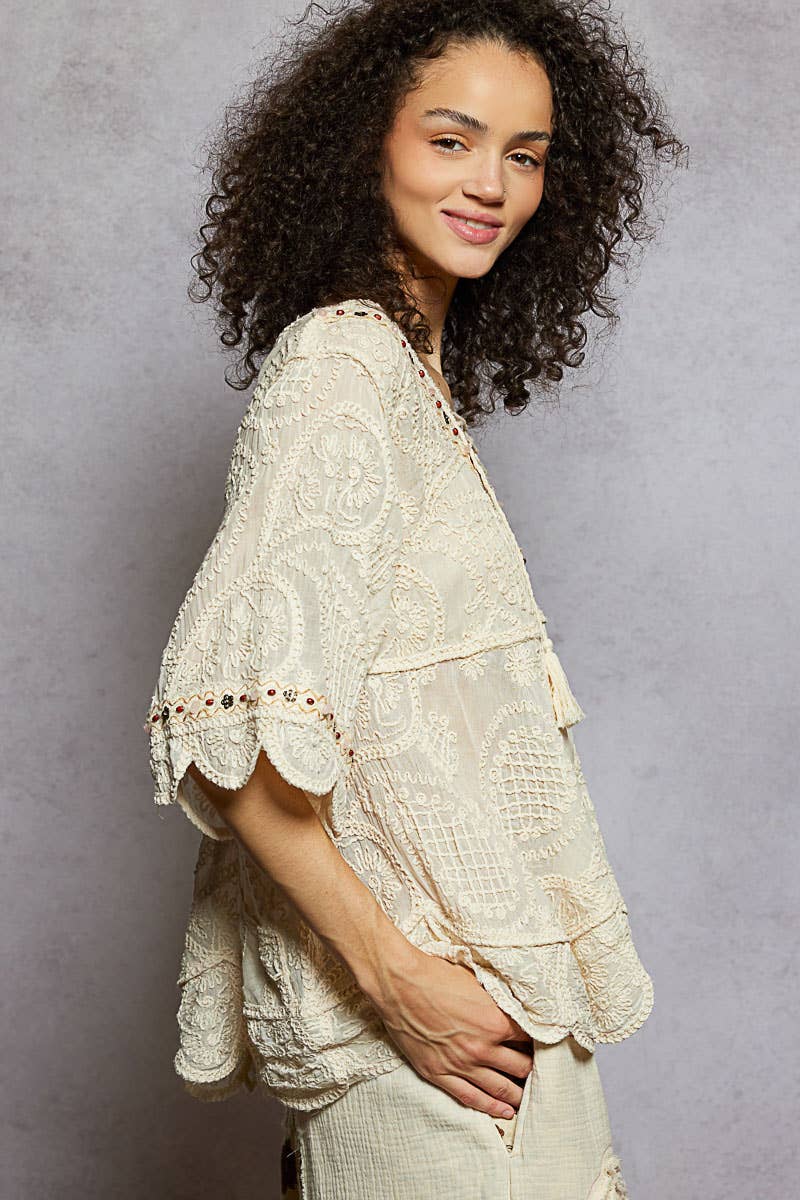 Short Sleeve Adjustable Drawstring Crochet V Neck Top