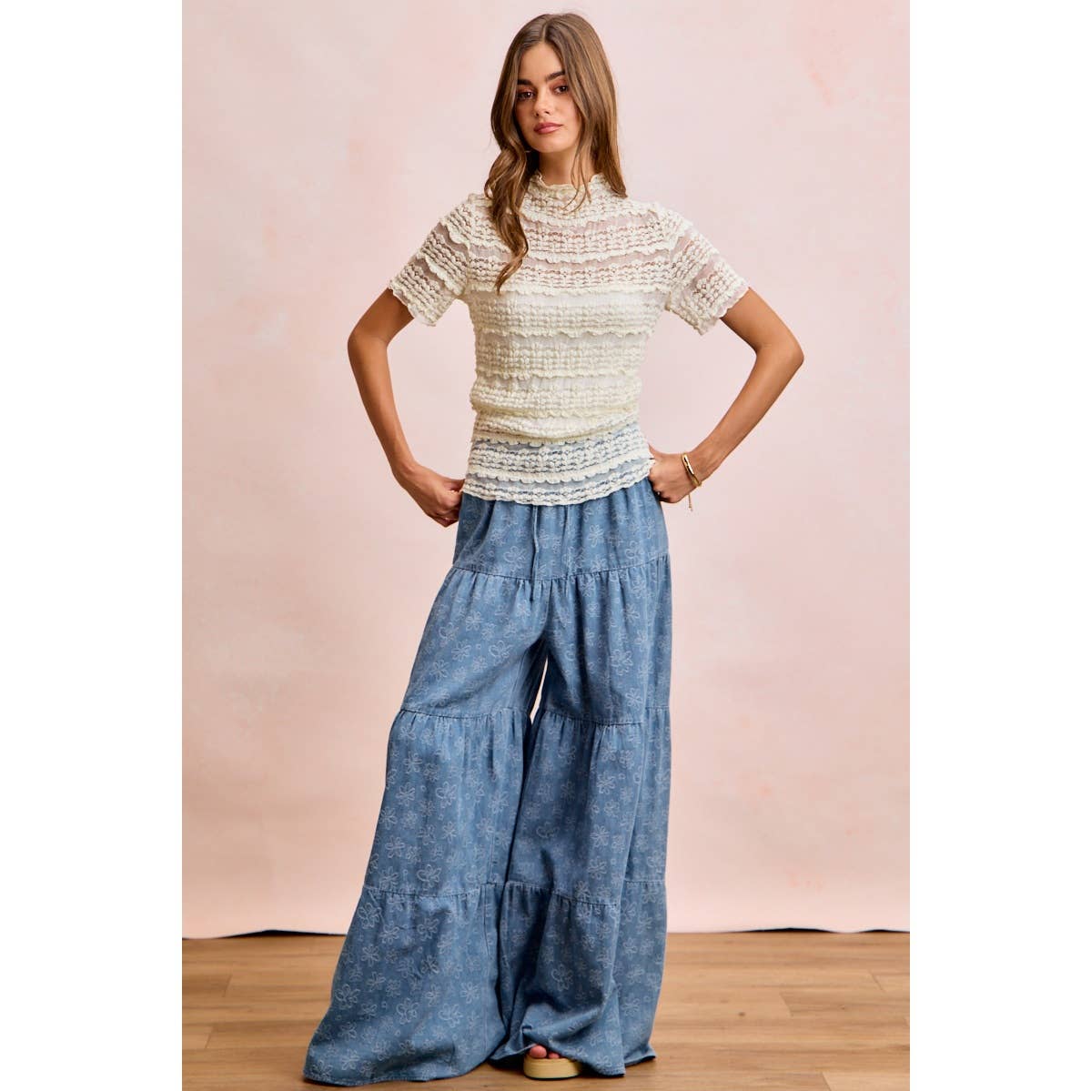 FLORAL TIERED FLARE DENIM PANTS