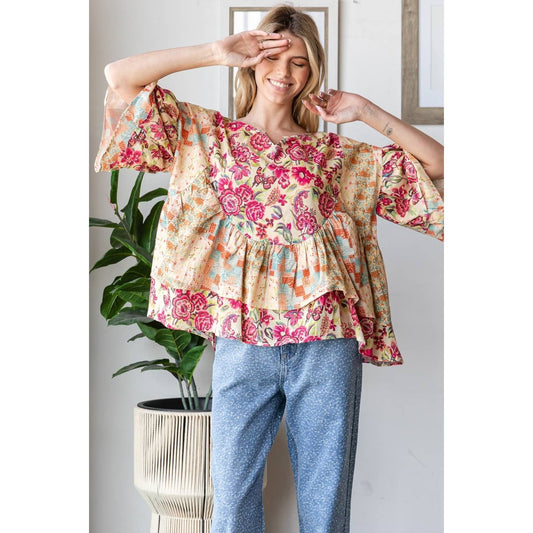 WASHED PRINTED RUFFLE DETAIL BLOUSE TOP