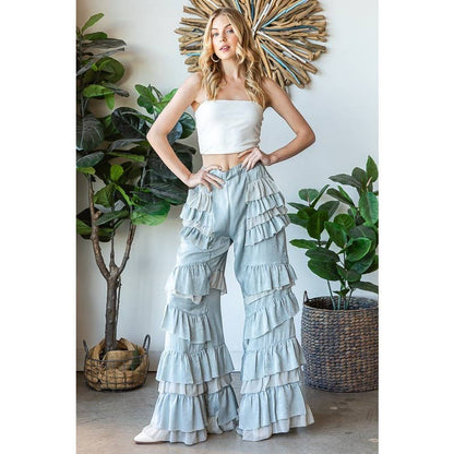 LAYERED RUFFLE PATCHED WIDE LEG PANTS
