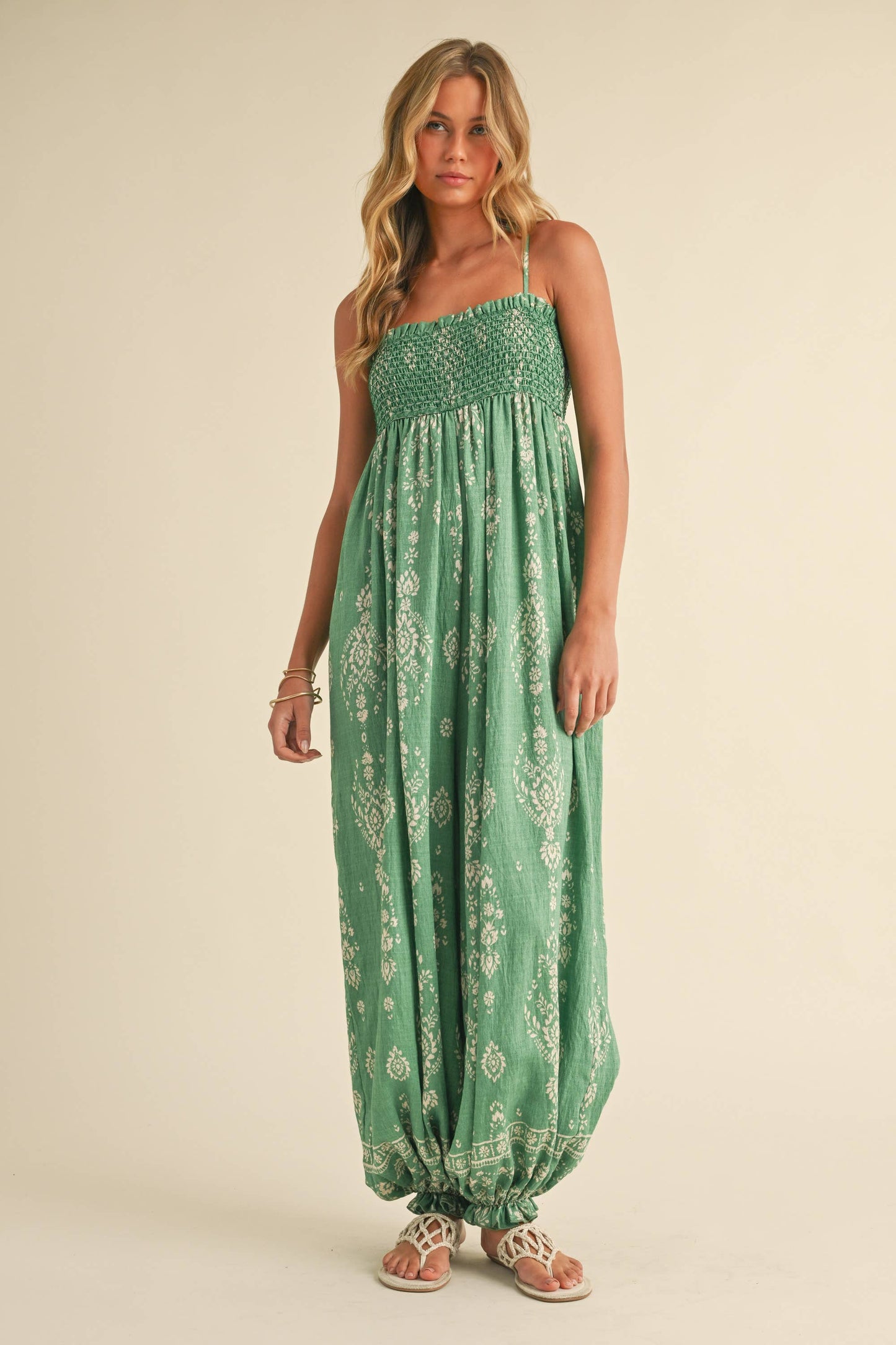 GREEN SMOCKED BALLOON JUMPSUIT