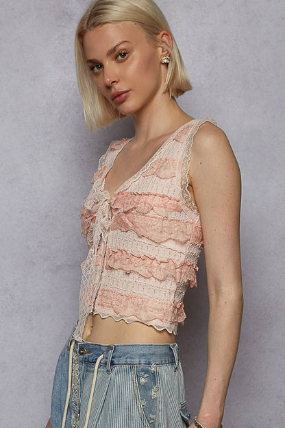V-neck Sleeveless Cropped Lace Tank Top