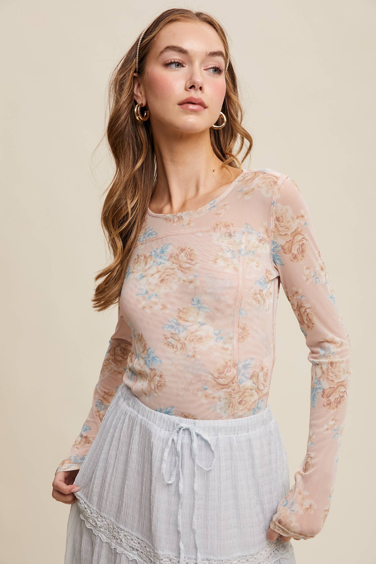 Floral Mesh Long Sleeve Layering Top