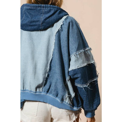 COLOR BLOCK WASHED DENIM ZIP UP HOODIE