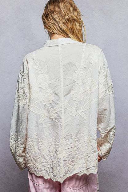 Long Sleeve Embroidered Scalloped Edge Shirt Top