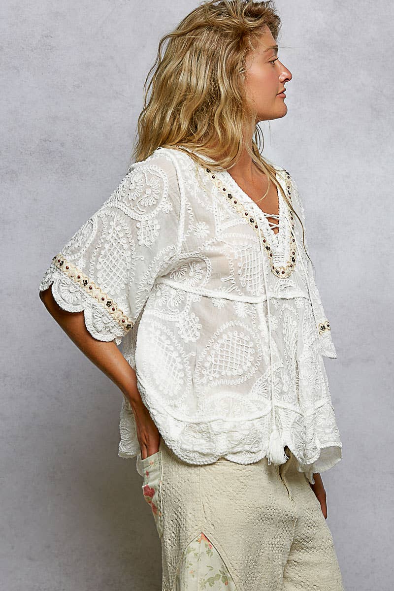 Short Sleeve Adjustable Drawstring Crochet V Neck Top