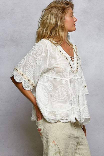 Short Sleeve Adjustable Drawstring Crochet V Neck Top