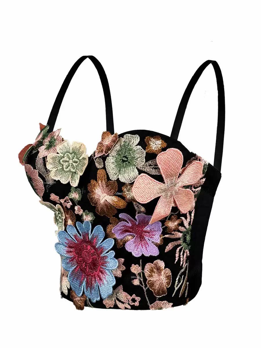 Retro Floral Embroidered Tube Top Camisole with Bra