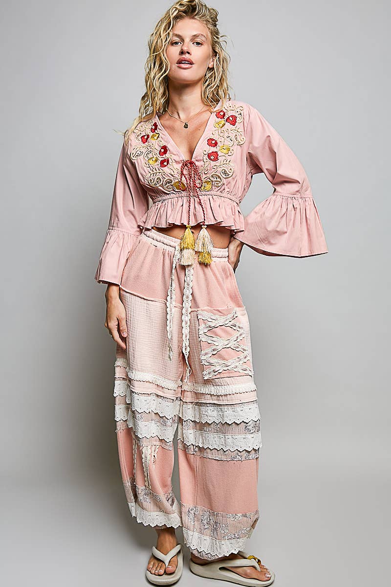 3/4 Sleeve Embroidered Bead Neck Loop Tassel Cotton Top