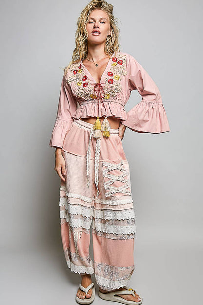 3/4 Sleeve Embroidered Bead Neck Loop Tassel Cotton Top