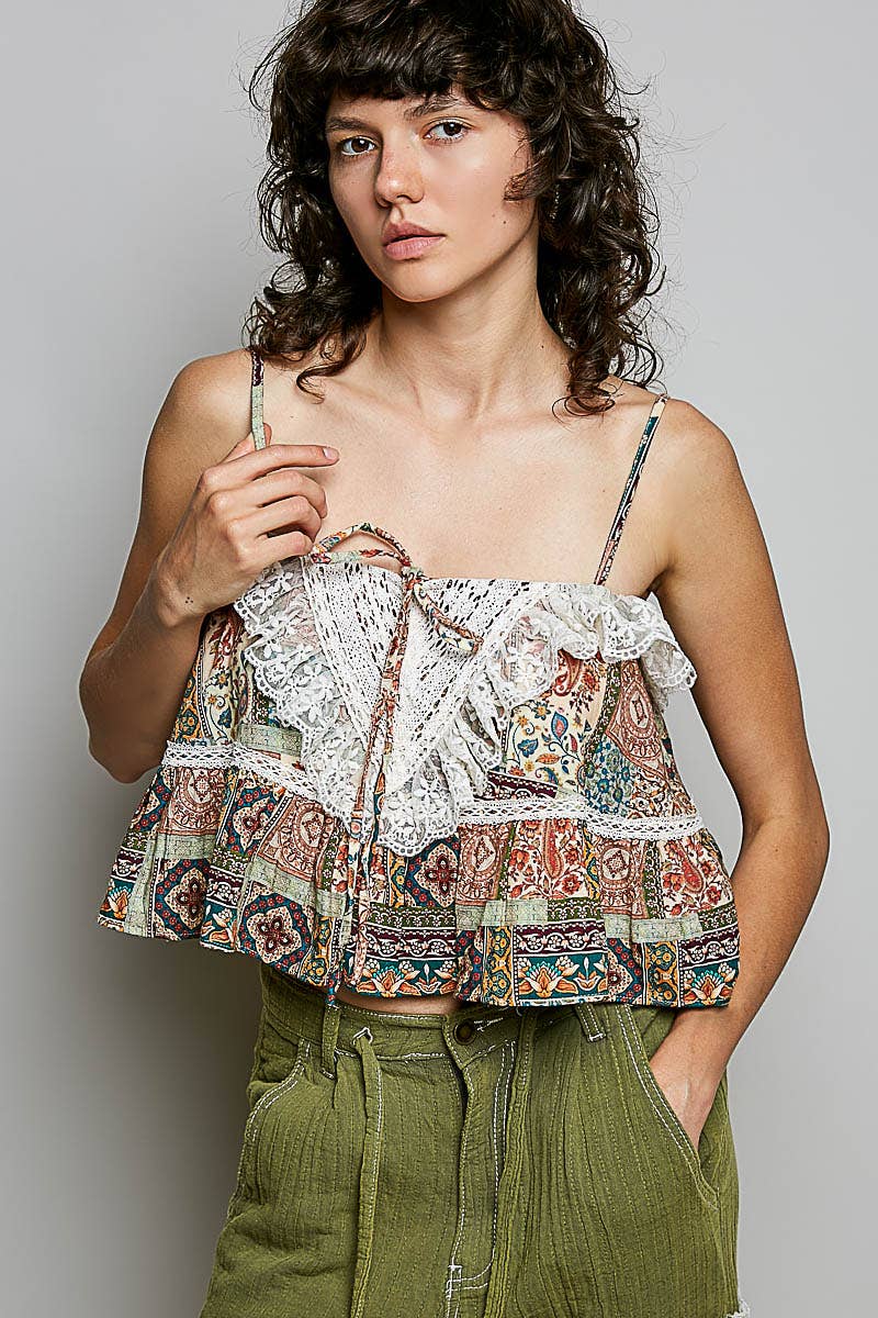 Lace Ruffles Ribbon Tie Cropped Floral Sleeveless Top