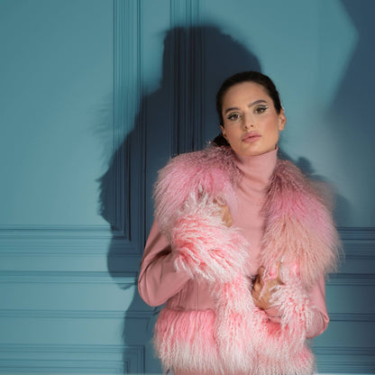 Pink Ombre Leather Jacket with Mongolian Wool Collar