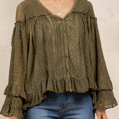 Dreamy Sheer V-Neck Ruffled Button-Front Top