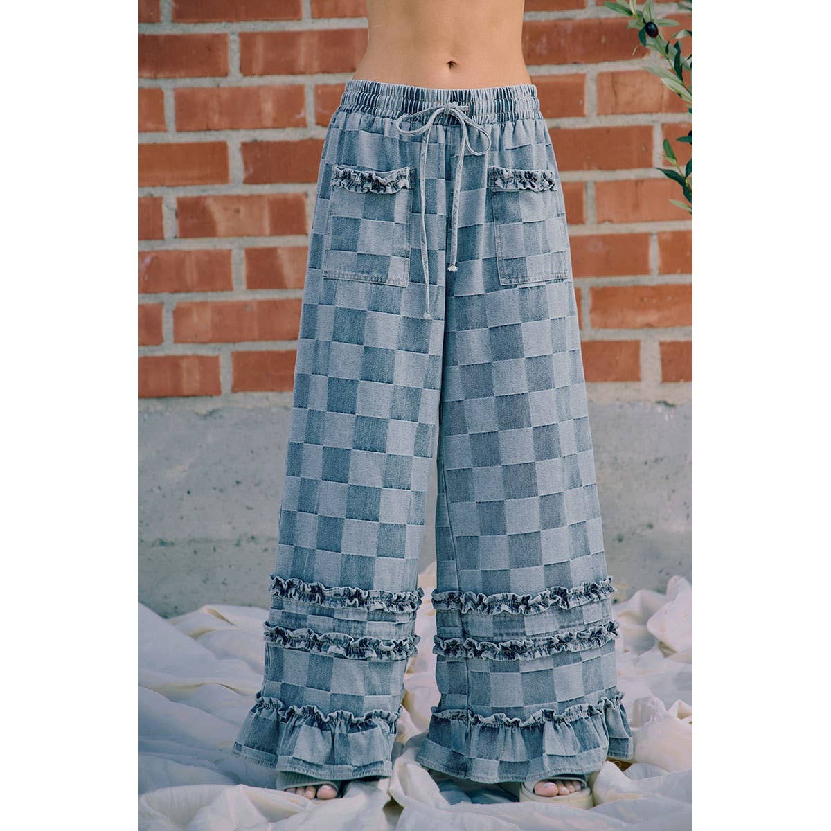 WASHED CHECKERBOARD DENIM RUFFLED DETAIL PANTS
