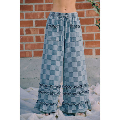 WASHED CHECKERBOARD DENIM RUFFLED DETAIL PANTS