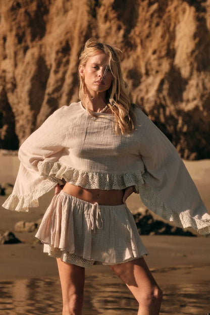 Cotton Gauze and Crochet Lace Ruffle Bell-Sleeve Cropped Top