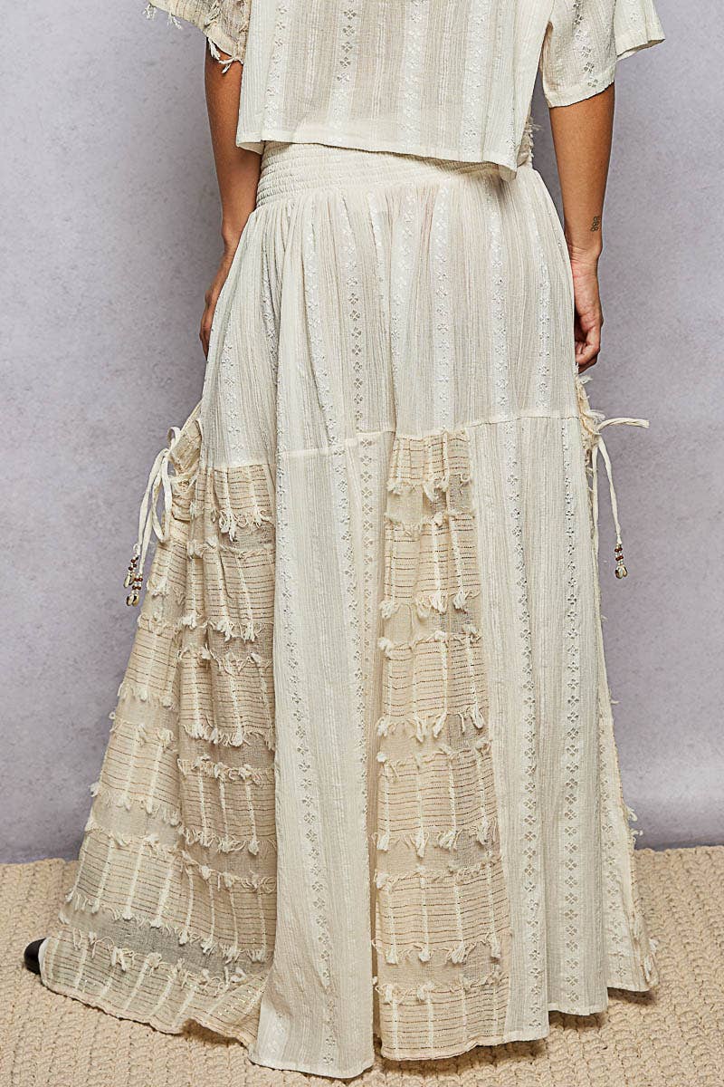 Boho Ruffle Contrast Shell Trim Wide Leg Pants