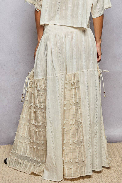 Boho Ruffle Contrast Shell Trim Wide Leg Pants