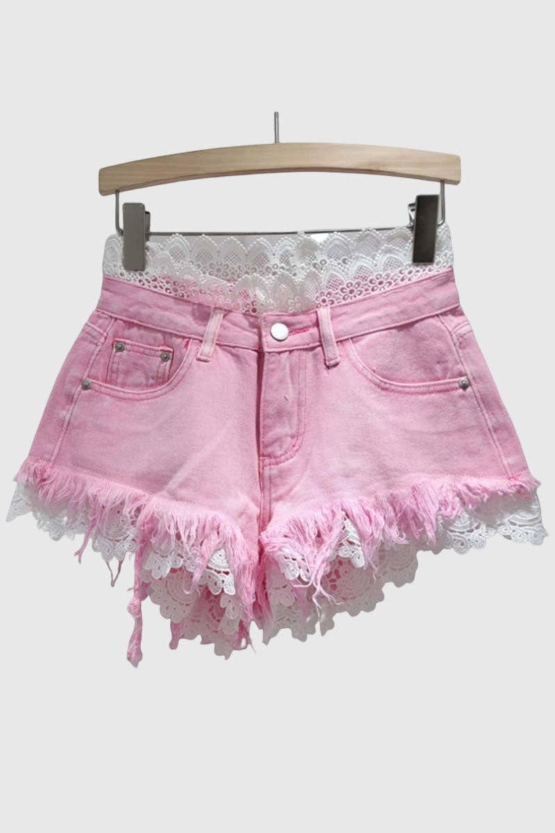 Lace-Accent Denim Shorts