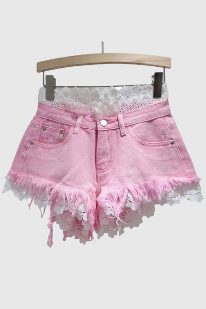 Lace-Accent Denim Shorts