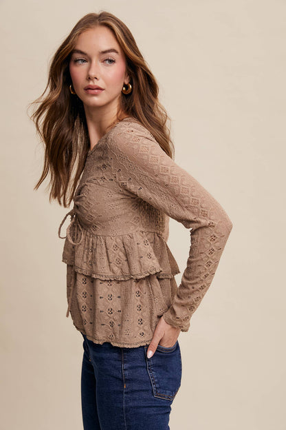 Stretch Lace Tiered Blouse with Drawstring Detail