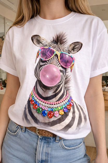 Jeweled Collar Bubble Gum Zebra on White Or Natural Crew
