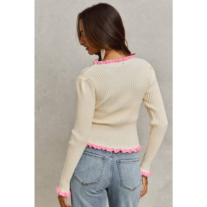 Ruffle Edge Ribbed Sweater Knit Top