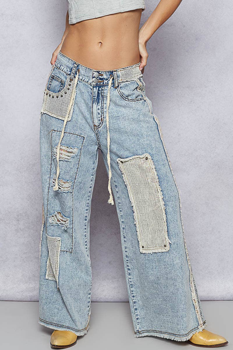 Stud Detailed Patchwork Denim Pants
