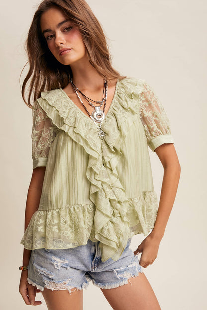 Lace Trim Ruffle Peplum Blouse