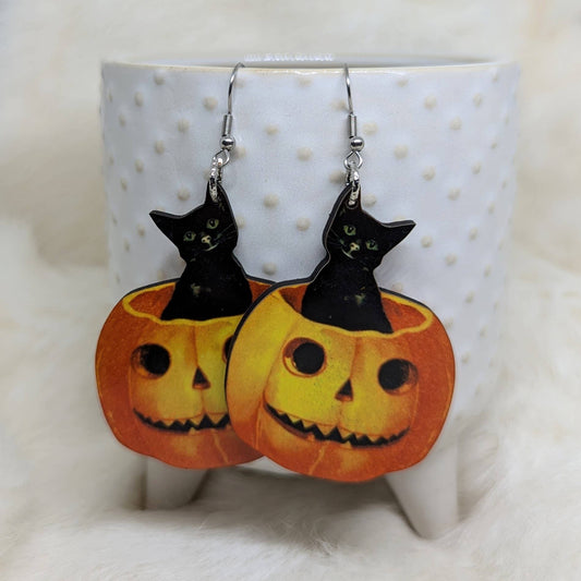 Double Sided Halloween Pumpkin Cat Earrings