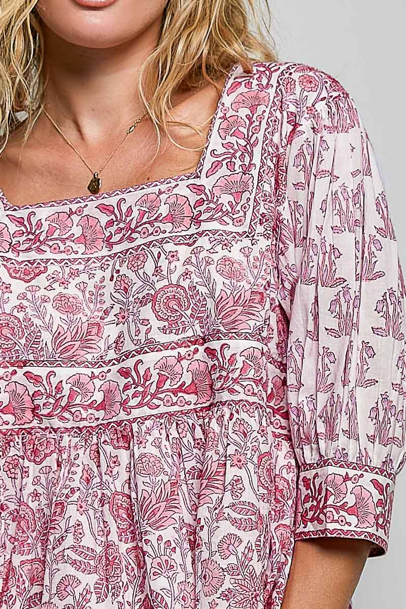 Boho Square Neck Gathered Waist Floral Block Print Blouse