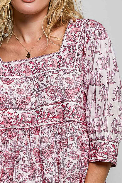 Boho Square Neck Gathered Waist Floral Block Print Blouse