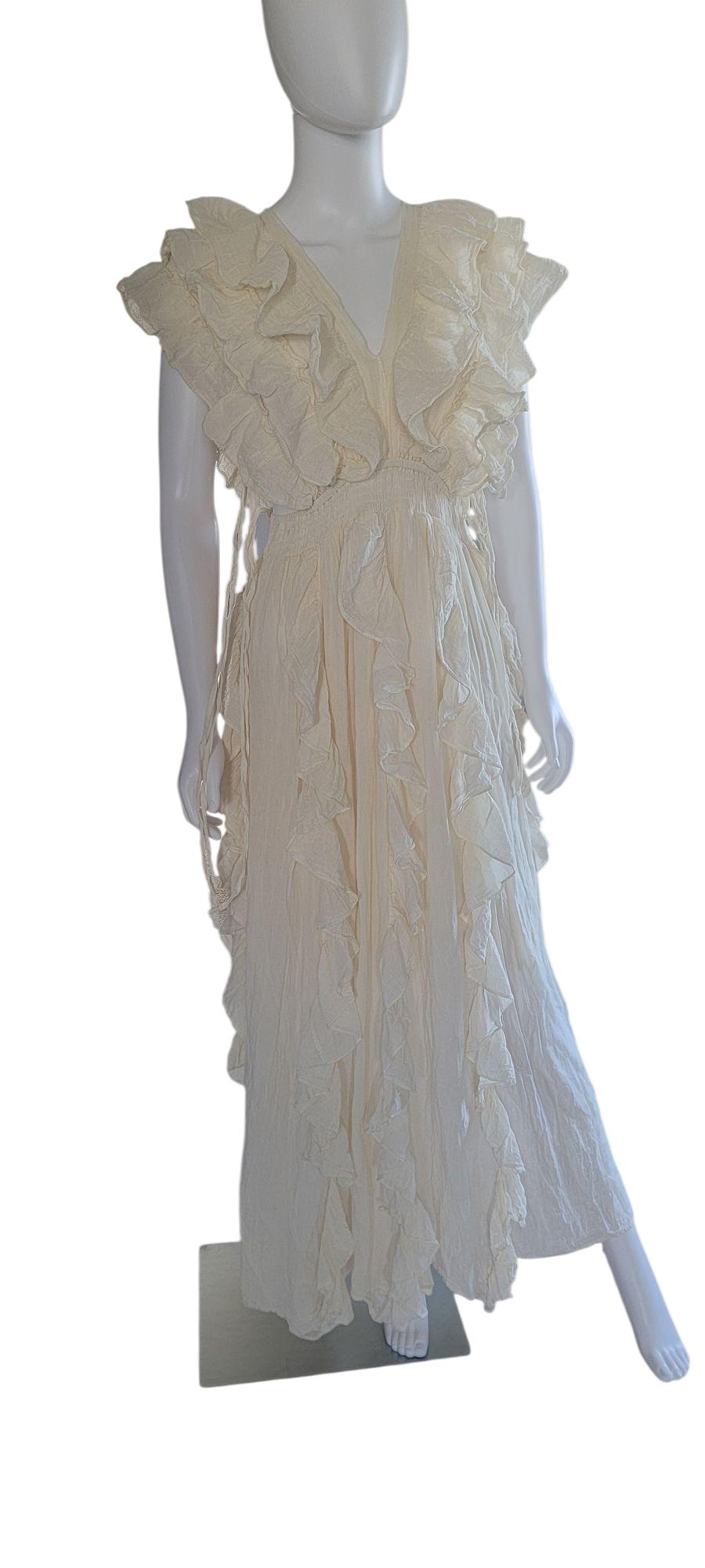 Cotton Long Ruffled Dress With Side Tie Strings Ivory