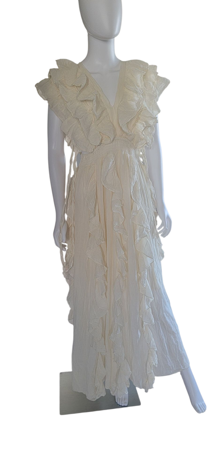 Cotton Long Ruffled Dress With Side Tie Strings Ivory
