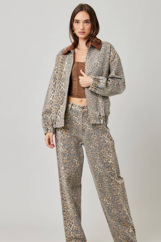Garment Washed Leopard Baggy Pants